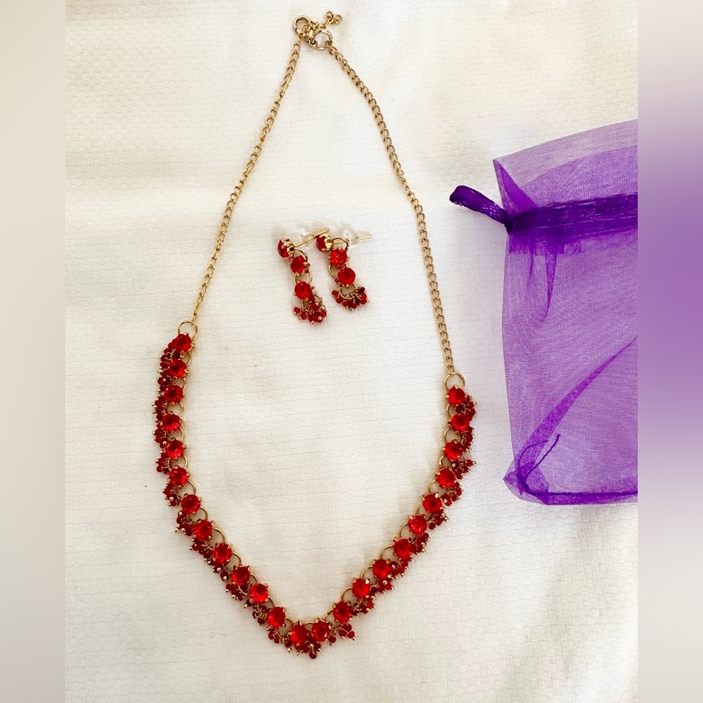 Indian Jewelry Set  | Red Stone w/ Beads and Gold Tone Chain